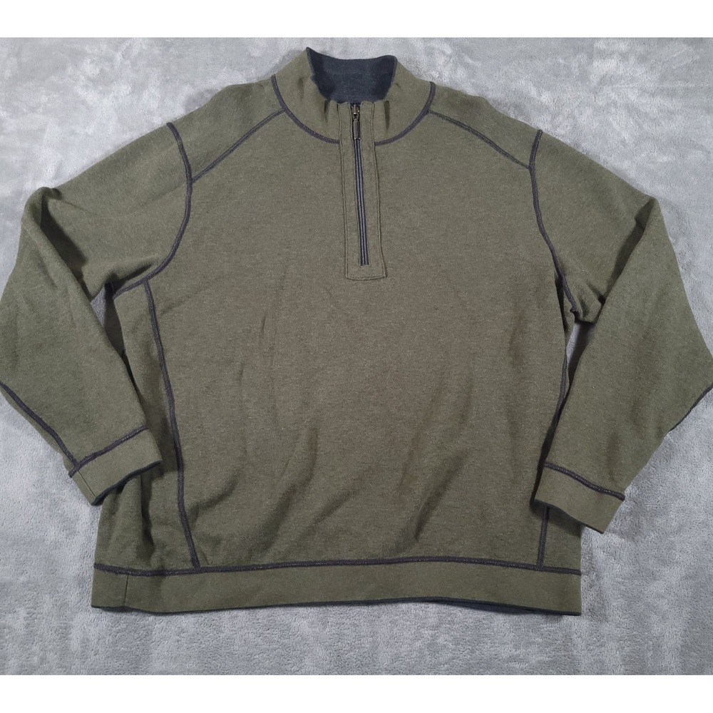 Tommy Bahama Sweater Mens XL Green Gray Reversible Half Zip Pullover Casual